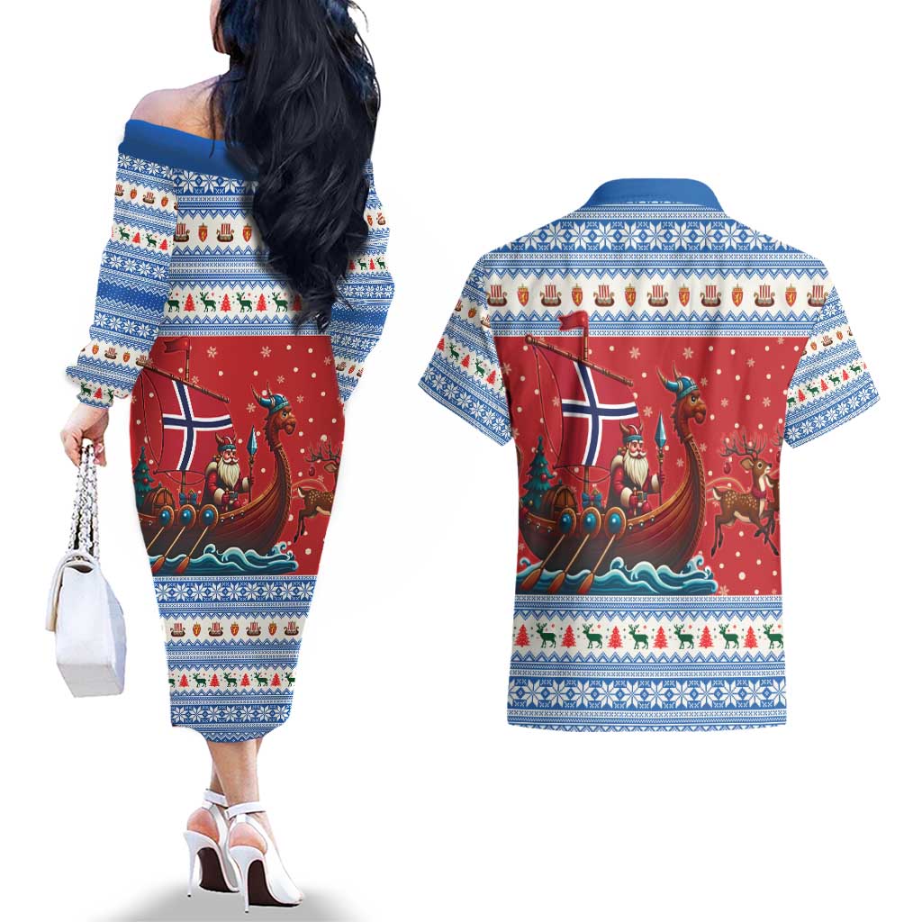 Norway Viking Santa Christmas Couples Matching Off The Shoulder Long Sleeve Dress and Hawaiian Shirt Funny Reindeer Norse Xmas - Wonder Print Shop