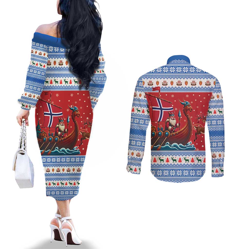 Norway Viking Santa Christmas Couples Matching Off The Shoulder Long Sleeve Dress and Long Sleeve Button Shirt Funny Reindeer Norse Xmas - Wonder Print Shop