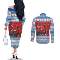 Norway Viking Santa Christmas Couples Matching Off The Shoulder Long Sleeve Dress and Long Sleeve Button Shirt Funny Reindeer Norse Xmas - Wonder Print Shop