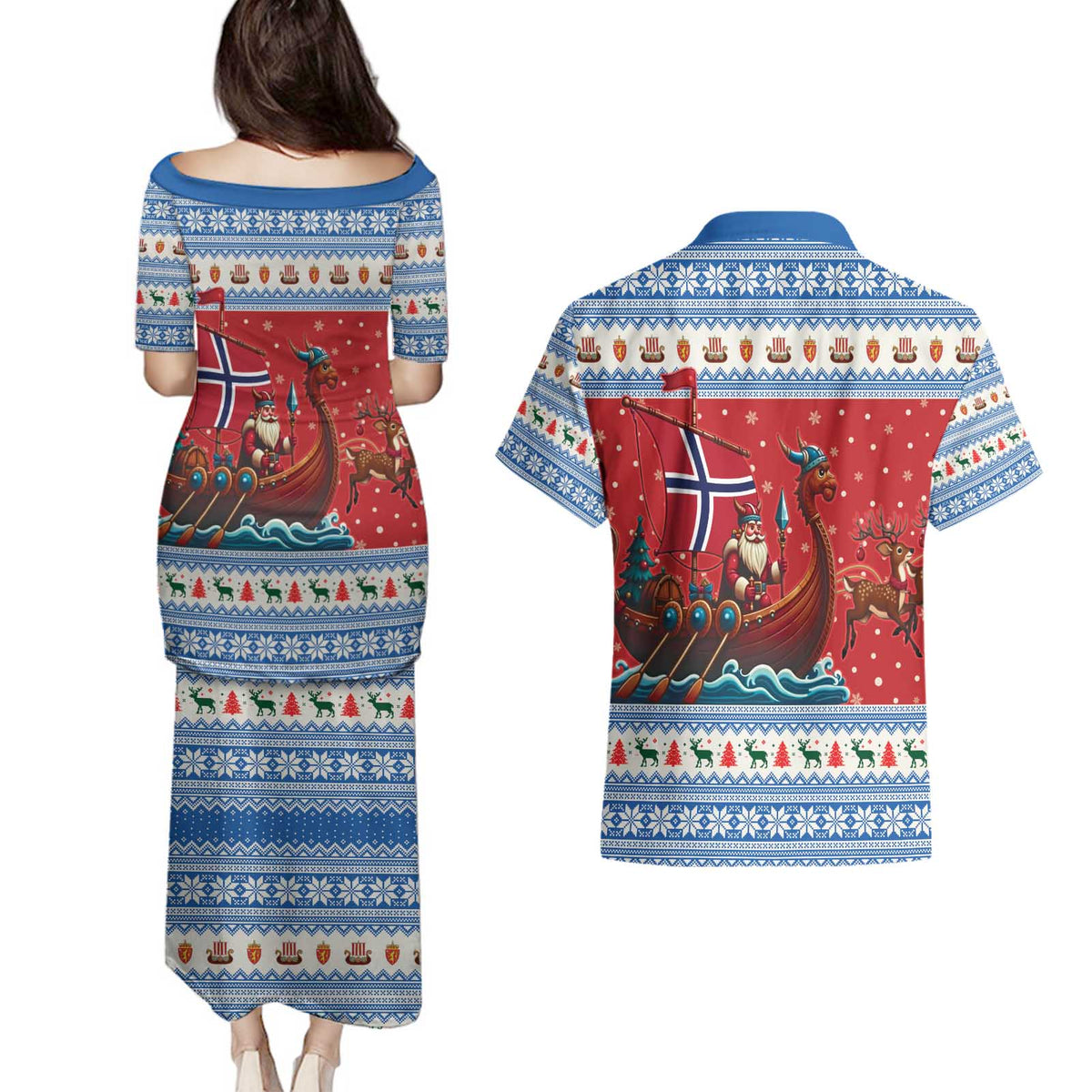 Norway Viking Santa Christmas Couples Matching Puletasi and Hawaiian Shirt Funny Reindeer Norse Xmas - Wonder Print Shop