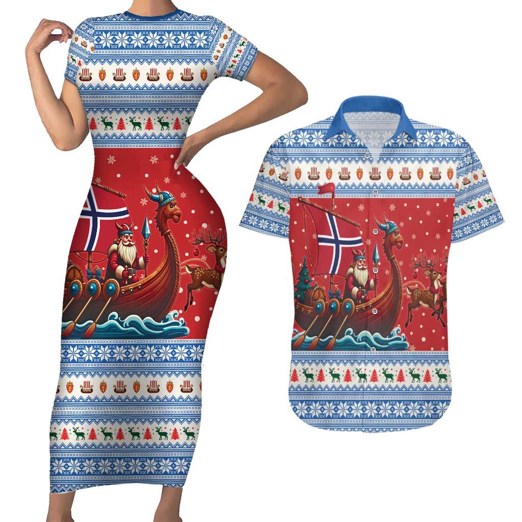 Norway Viking Santa Christmas Couples Matching Short Sleeve Bodycon Dress and Hawaiian Shirt Funny Reindeer Norse Xmas - Wonder Print Shop