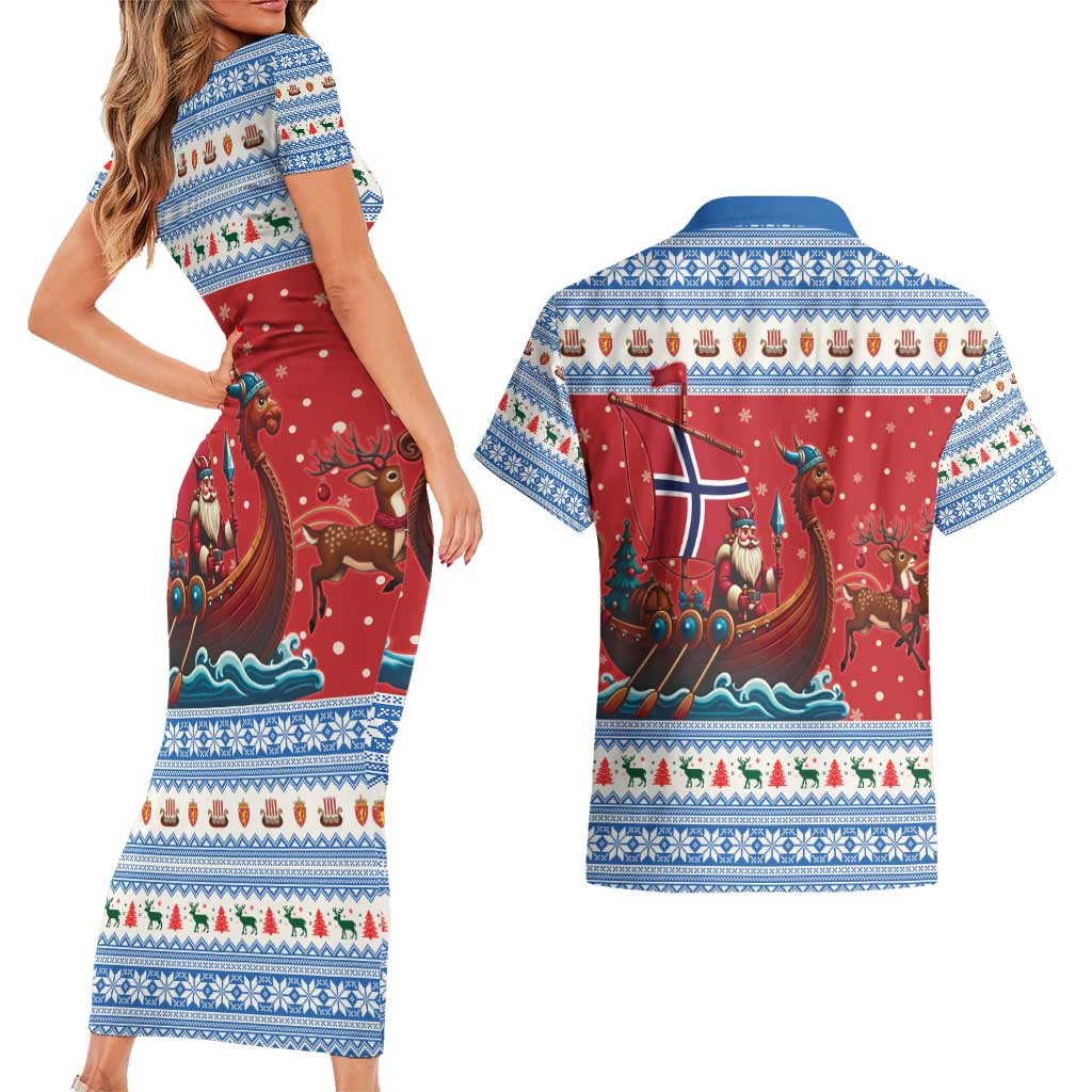 Norway Viking Santa Christmas Couples Matching Short Sleeve Bodycon Dress and Hawaiian Shirt Funny Reindeer Norse Xmas - Wonder Print Shop