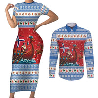 Norway Viking Santa Christmas Couples Matching Short Sleeve Bodycon Dress and Long Sleeve Button Shirt Funny Reindeer Norse Xmas - Wonder Print Shop