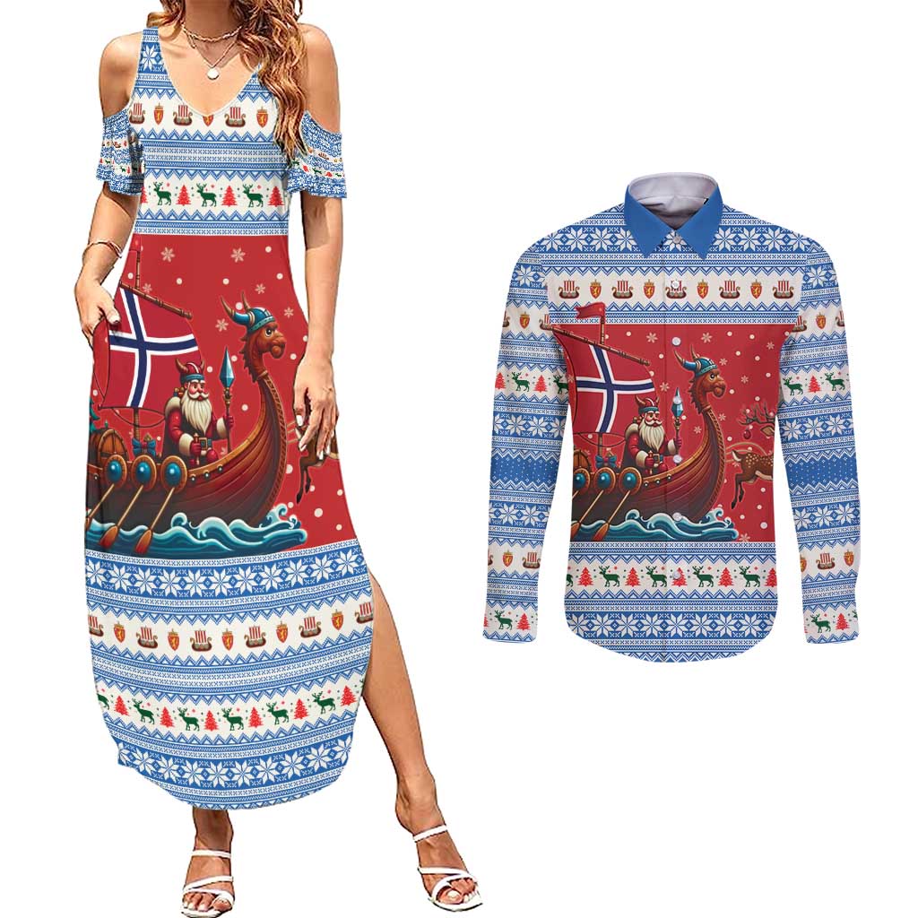 Norway Viking Santa Christmas Couples Matching Summer Maxi Dress and Long Sleeve Button Shirt Funny Reindeer Norse Xmas - Wonder Print Shop