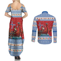 Norway Viking Santa Christmas Couples Matching Summer Maxi Dress and Long Sleeve Button Shirt Funny Reindeer Norse Xmas - Wonder Print Shop