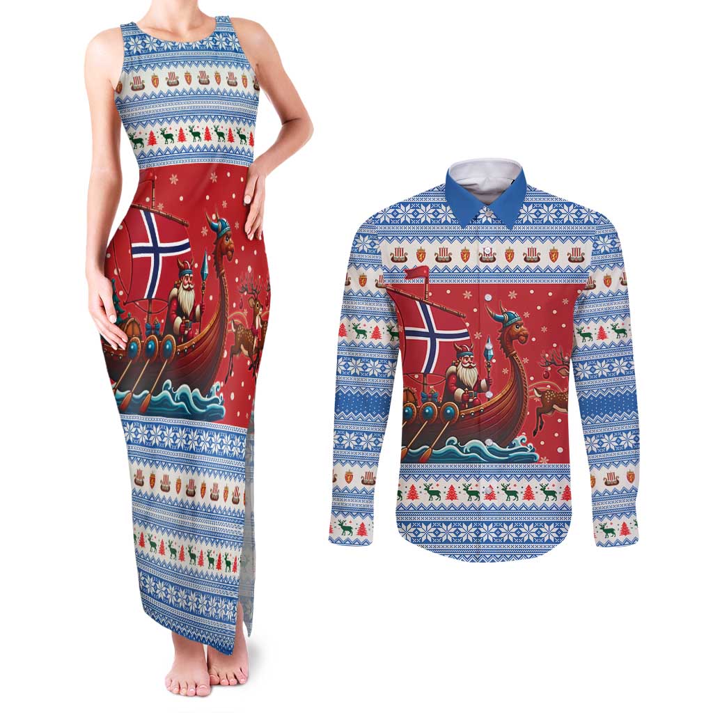 Norway Viking Santa Christmas Couples Matching Tank Maxi Dress and Long Sleeve Button Shirt Funny Reindeer Norse Xmas - Wonder Print Shop