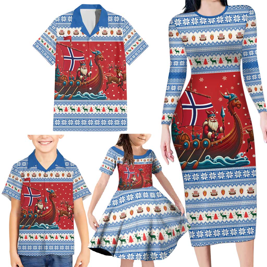 Norway Viking Santa Christmas Family Matching Long Sleeve Bodycon Dress and Hawaiian Shirt Funny Reindeer Norse Xmas - Wonder Print Shop