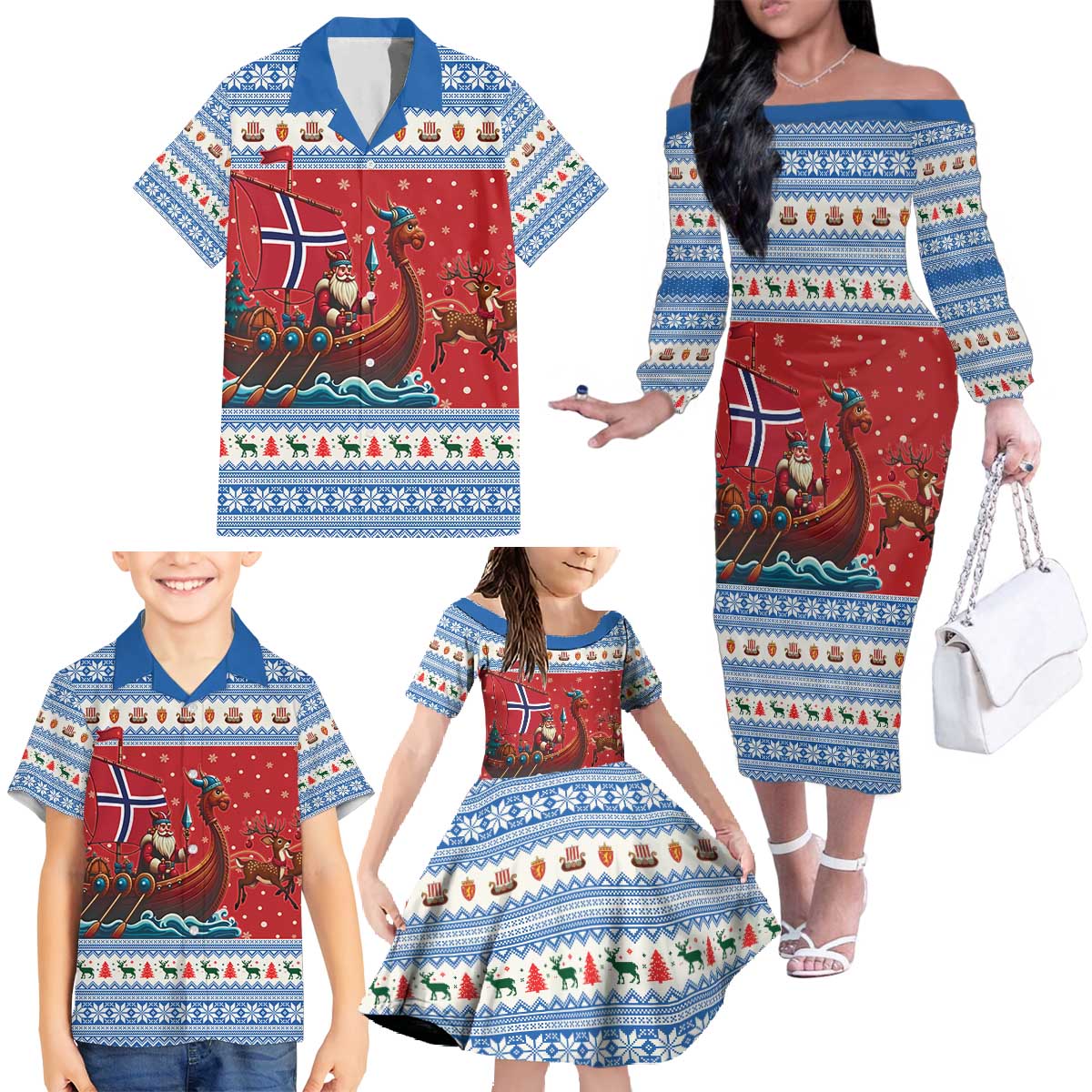 Norway Viking Santa Christmas Family Matching Off The Shoulder Long Sleeve Dress and Hawaiian Shirt Funny Reindeer Norse Xmas - Wonder Print Shop