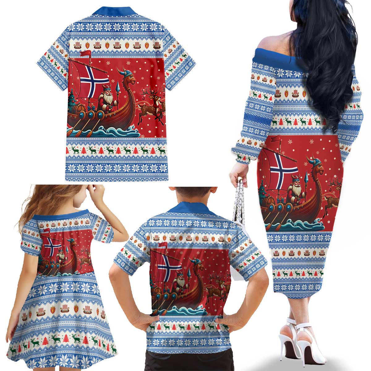 Norway Viking Santa Christmas Family Matching Off The Shoulder Long Sleeve Dress and Hawaiian Shirt Funny Reindeer Norse Xmas - Wonder Print Shop