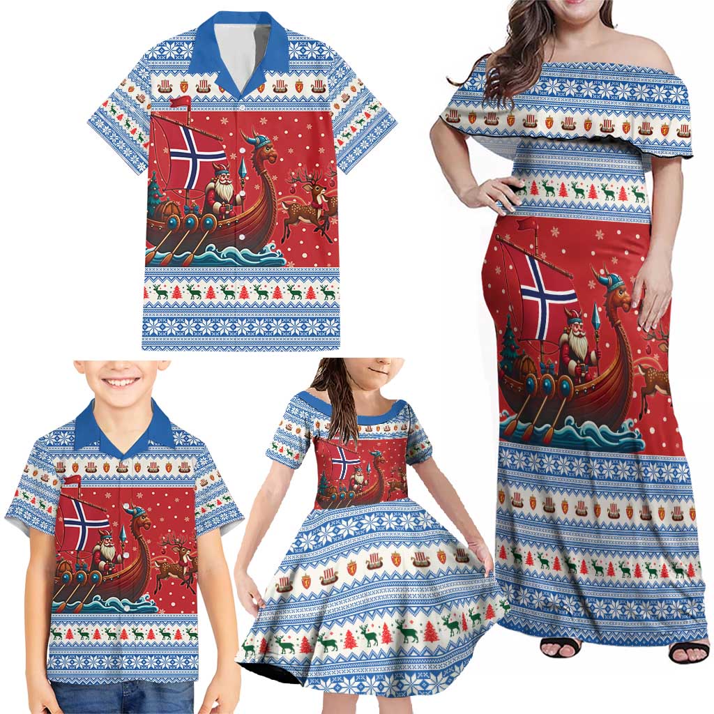 Norway Viking Santa Christmas Family Matching Off Shoulder Maxi Dress and Hawaiian Shirt Funny Reindeer Norse Xmas - Wonder Print Shop
