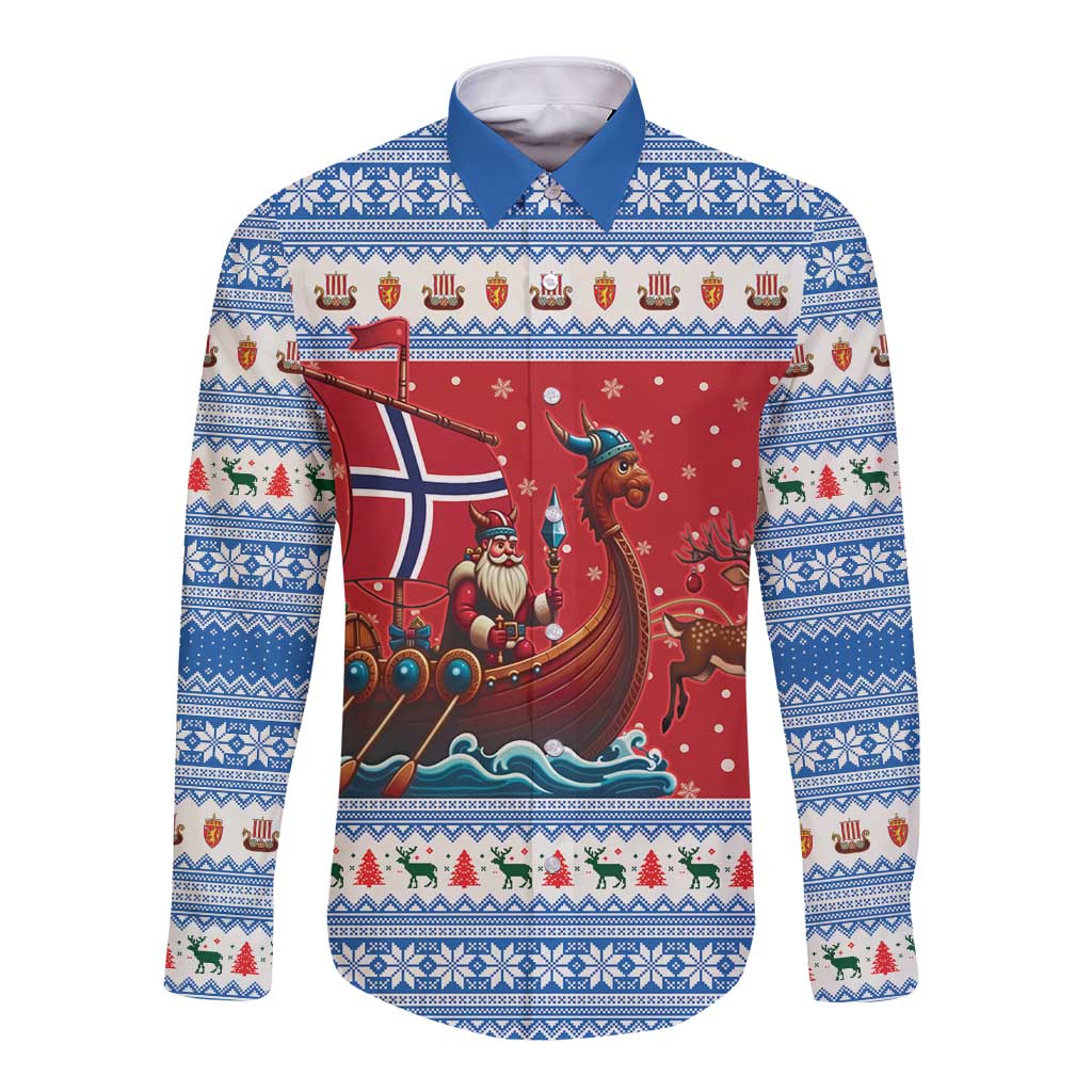 Norway Viking Santa Christmas Long Sleeve Button Shirt Funny Reindeer Norse Xmas - Wonder Print Shop