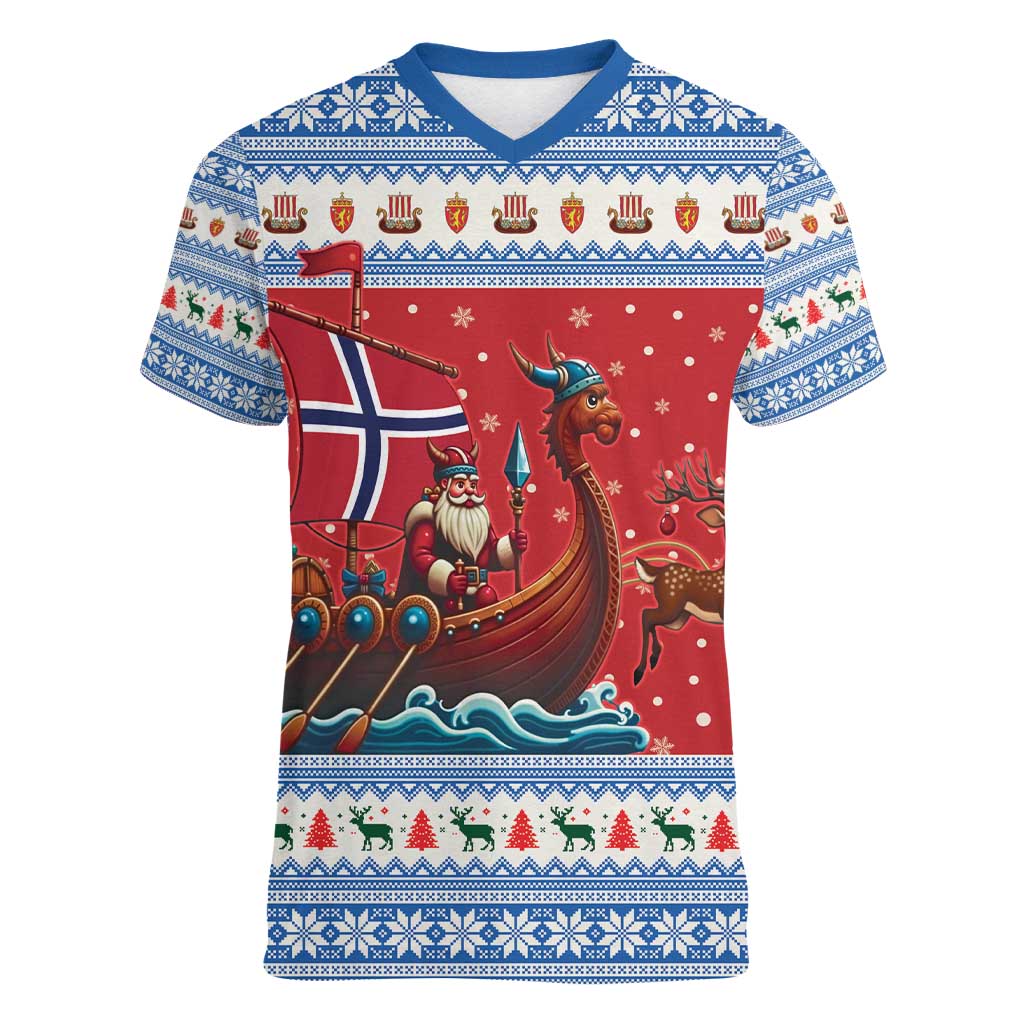 Norway Viking Santa Christmas Women V-Neck T-Shirt Funny Reindeer Norse Xmas - Wonder Print Shop