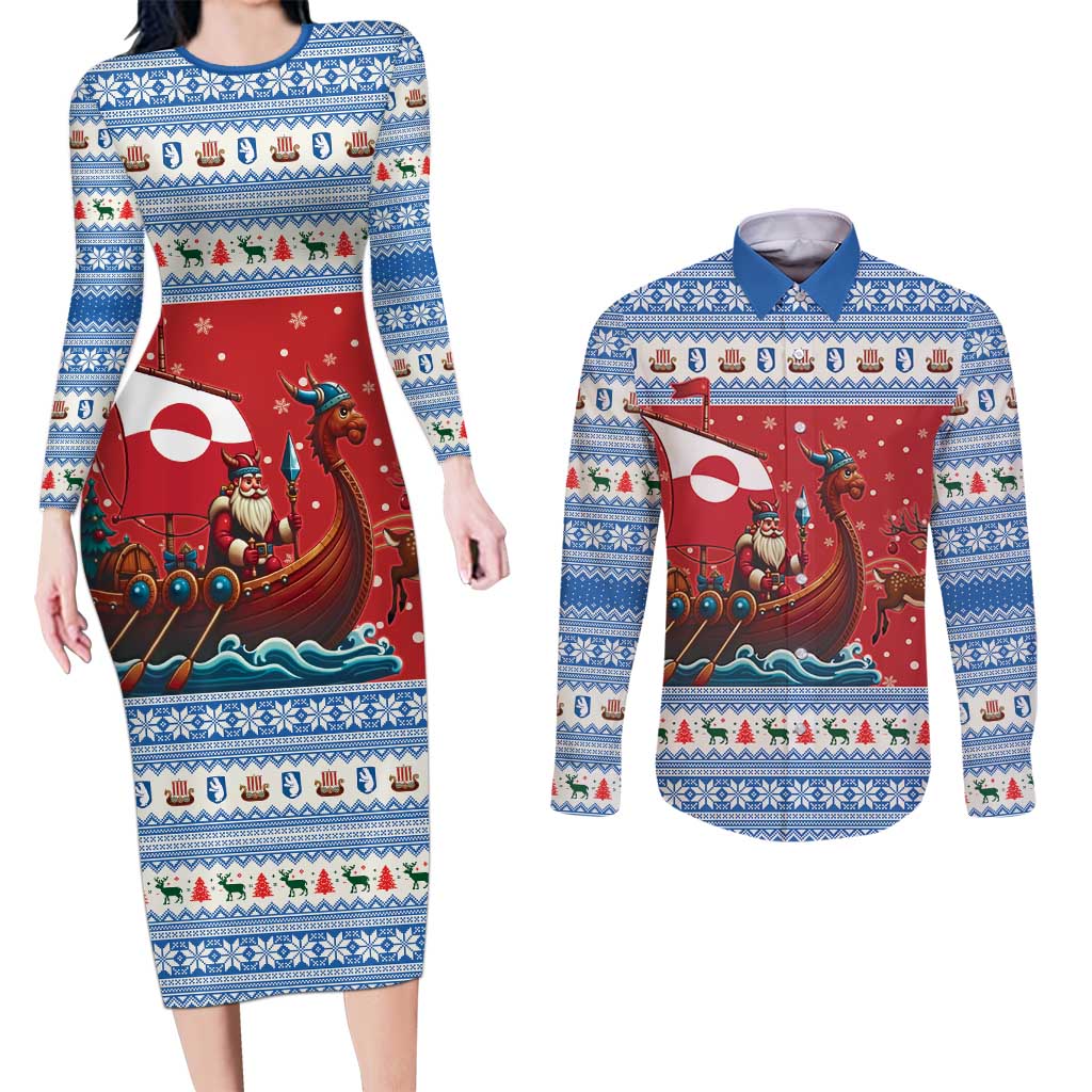 Greenland Viking Santa Christmas Couples Matching Long Sleeve Bodycon Dress and Long Sleeve Button Shirt Funny Reindeer Norse Xmas - Wonder Print Shop