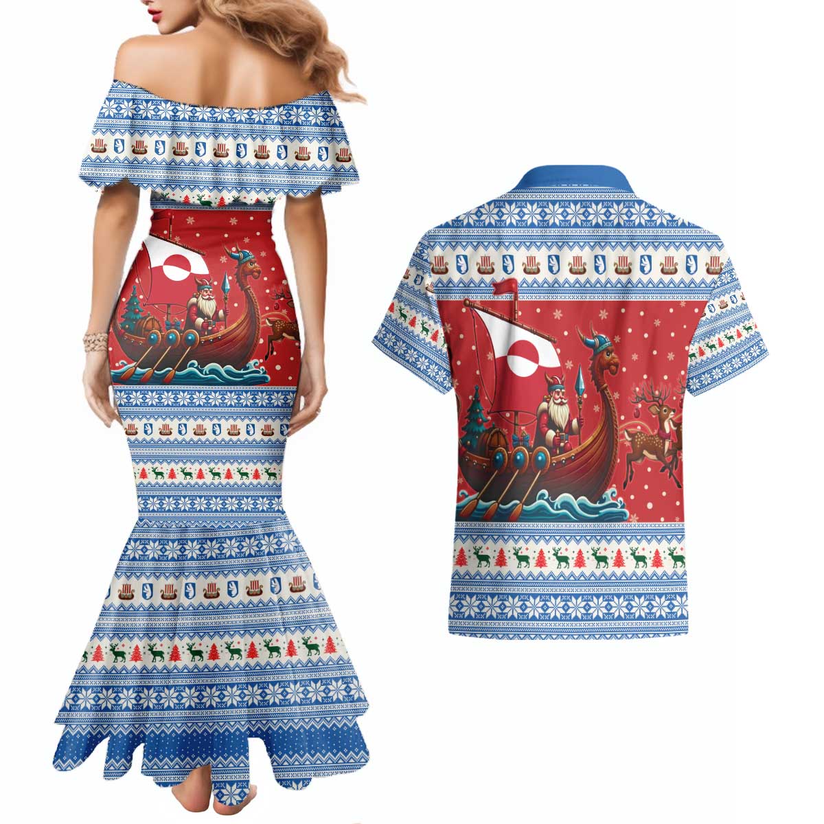 Greenland Viking Santa Christmas Couples Matching Mermaid Dress and Hawaiian Shirt Funny Reindeer Norse Xmas - Wonder Print Shop