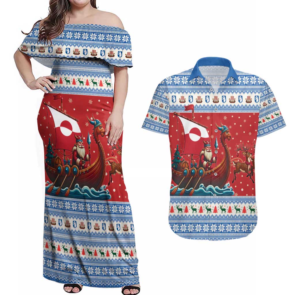 Greenland Viking Santa Christmas Couples Matching Off Shoulder Maxi Dress and Hawaiian Shirt Funny Reindeer Norse Xmas - Wonder Print Shop