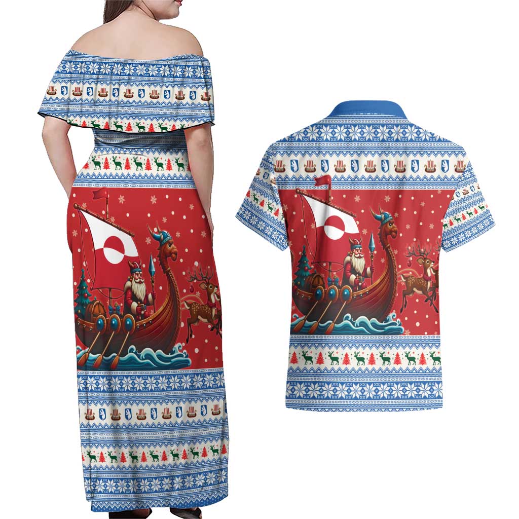 Greenland Viking Santa Christmas Couples Matching Off Shoulder Maxi Dress and Hawaiian Shirt Funny Reindeer Norse Xmas - Wonder Print Shop