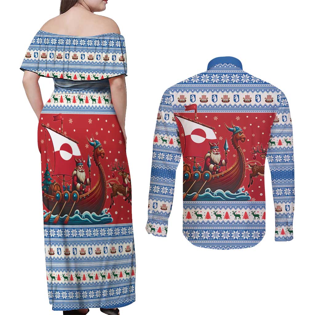 Greenland Viking Santa Christmas Couples Matching Off Shoulder Maxi Dress and Long Sleeve Button Shirt Funny Reindeer Norse Xmas - Wonder Print Shop