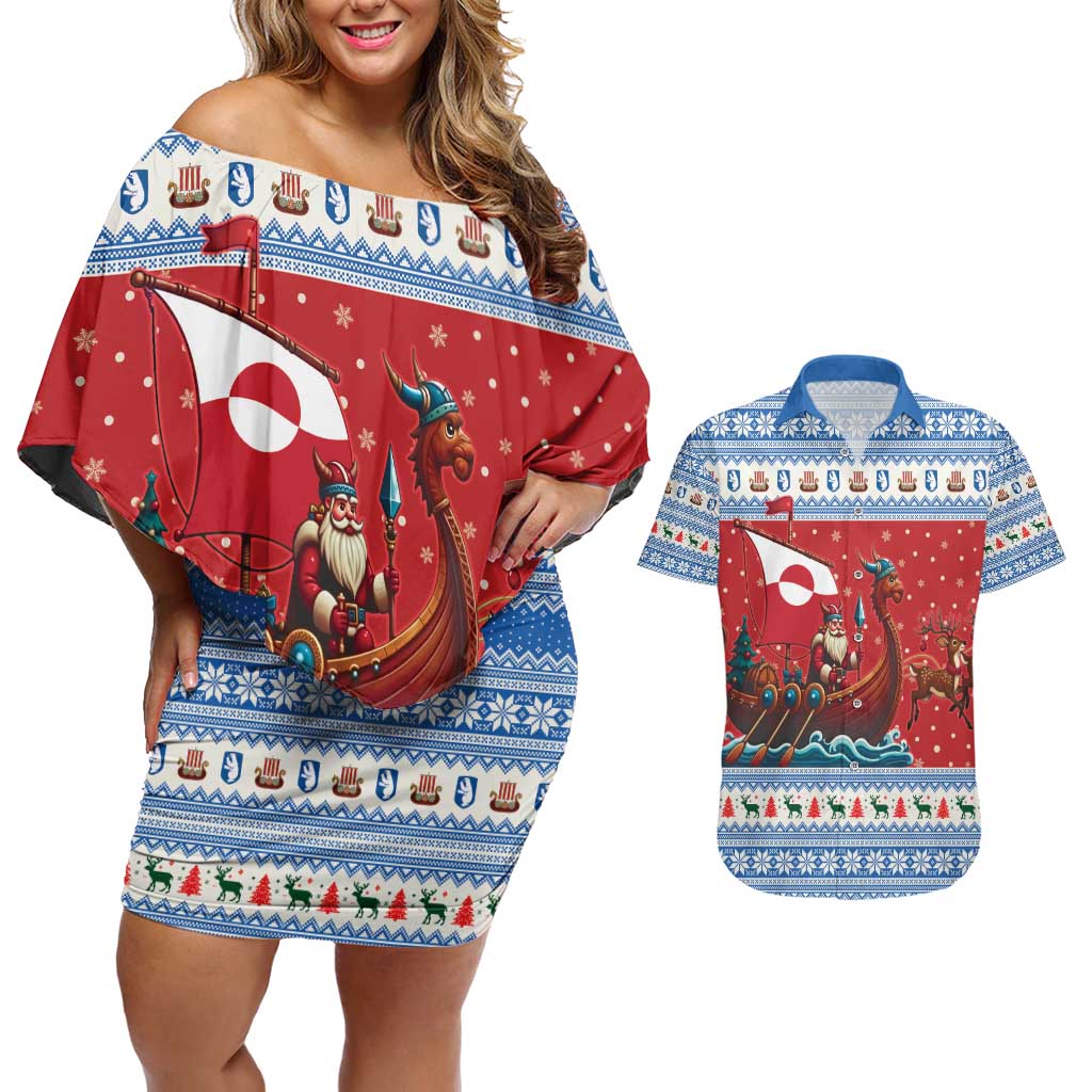 Greenland Viking Santa Christmas Couples Matching Off Shoulder Short Dress and Hawaiian Shirt Funny Reindeer Norse Xmas - Wonder Print Shop