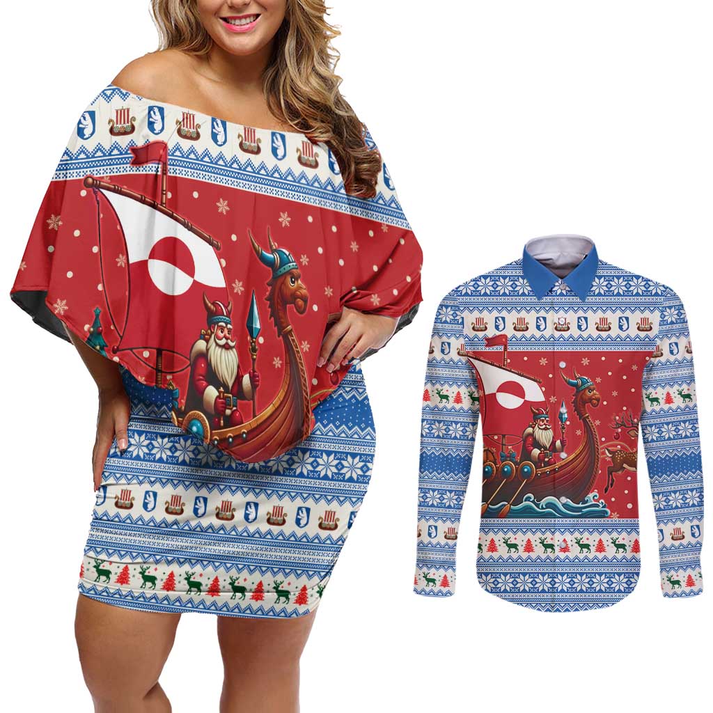 Greenland Viking Santa Christmas Couples Matching Off Shoulder Short Dress and Long Sleeve Button Shirt Funny Reindeer Norse Xmas - Wonder Print Shop