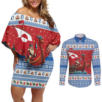Greenland Viking Santa Christmas Couples Matching Off Shoulder Short Dress and Long Sleeve Button Shirt Funny Reindeer Norse Xmas - Wonder Print Shop