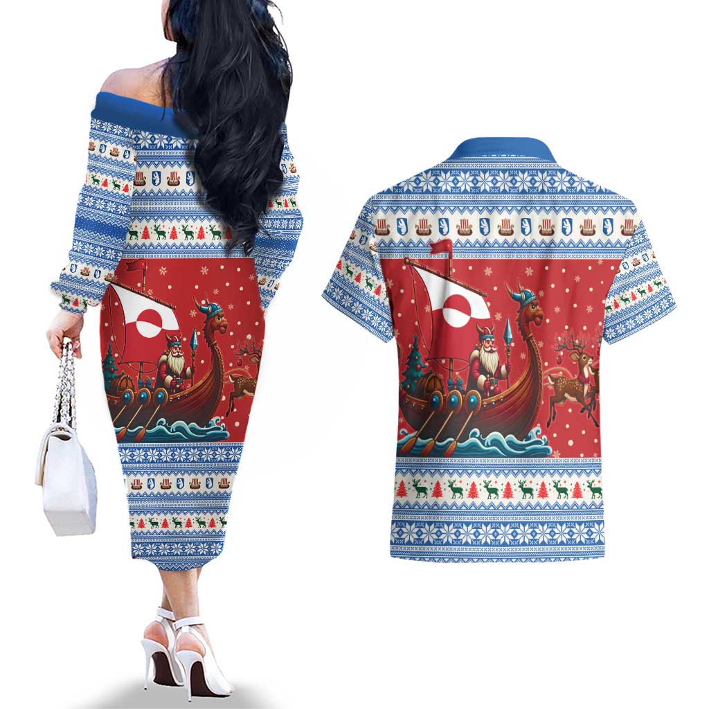 Greenland Viking Santa Christmas Couples Matching Off The Shoulder Long Sleeve Dress and Hawaiian Shirt Funny Reindeer Norse Xmas - Wonder Print Shop