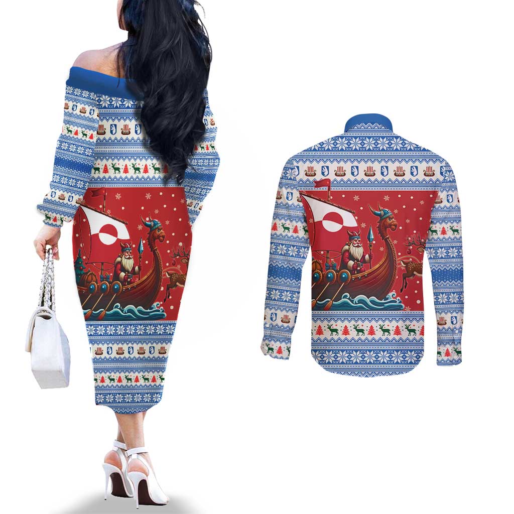 Greenland Viking Santa Christmas Couples Matching Off The Shoulder Long Sleeve Dress and Long Sleeve Button Shirt Funny Reindeer Norse Xmas - Wonder Print Shop