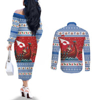 Greenland Viking Santa Christmas Couples Matching Off The Shoulder Long Sleeve Dress and Long Sleeve Button Shirt Funny Reindeer Norse Xmas - Wonder Print Shop