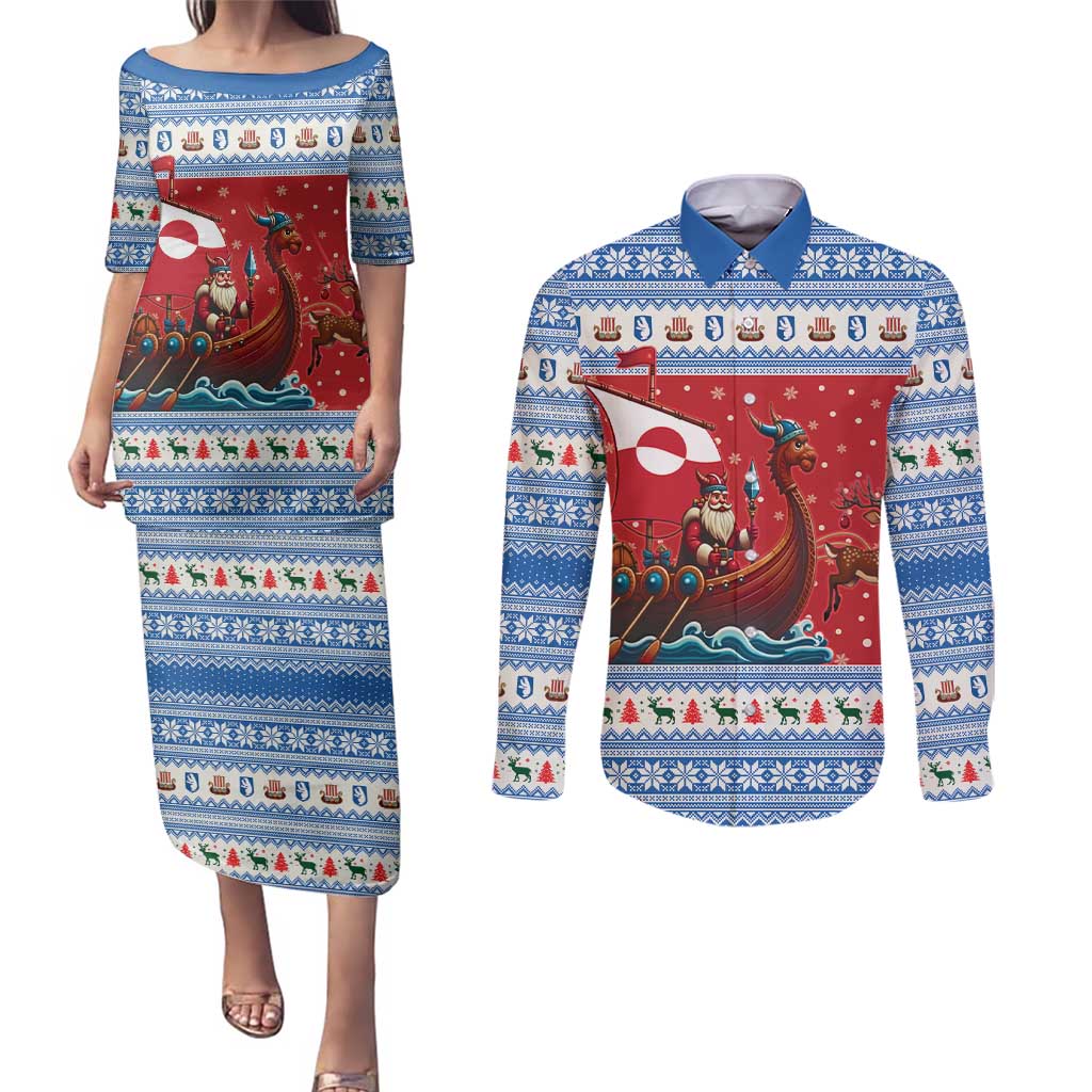 Greenland Viking Santa Christmas Couples Matching Puletasi and Long Sleeve Button Shirt Funny Reindeer Norse Xmas - Wonder Print Shop