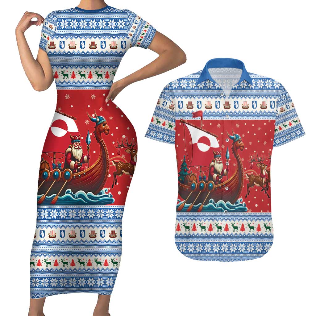 Greenland Viking Santa Christmas Couples Matching Short Sleeve Bodycon Dress and Hawaiian Shirt Funny Reindeer Norse Xmas - Wonder Print Shop