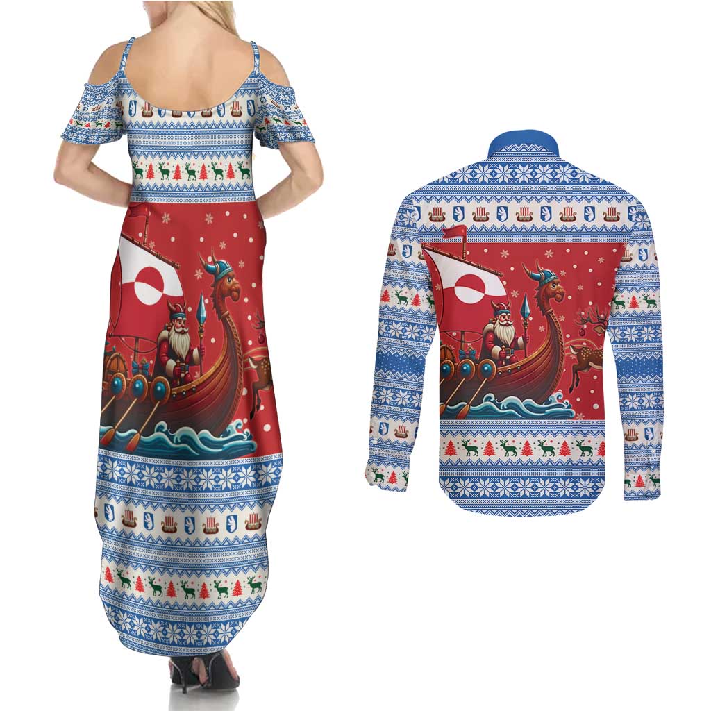Greenland Viking Santa Christmas Couples Matching Summer Maxi Dress and Long Sleeve Button Shirt Funny Reindeer Norse Xmas - Wonder Print Shop
