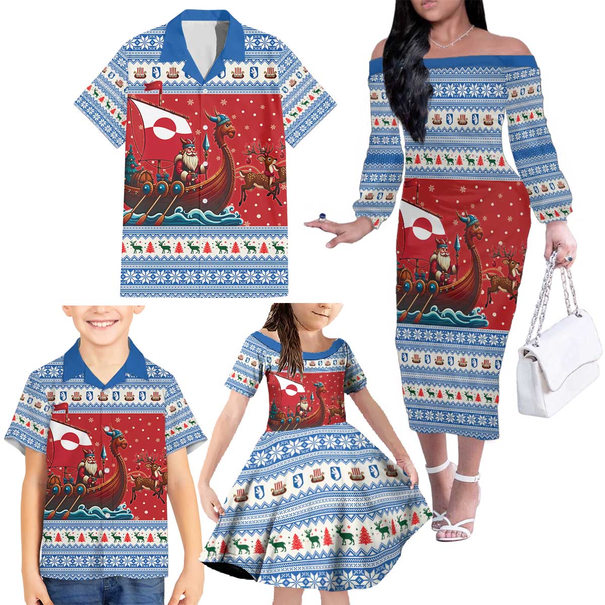 Greenland Viking Santa Christmas Family Matching Off The Shoulder Long Sleeve Dress and Hawaiian Shirt Funny Reindeer Norse Xmas - Wonder Print Shop
