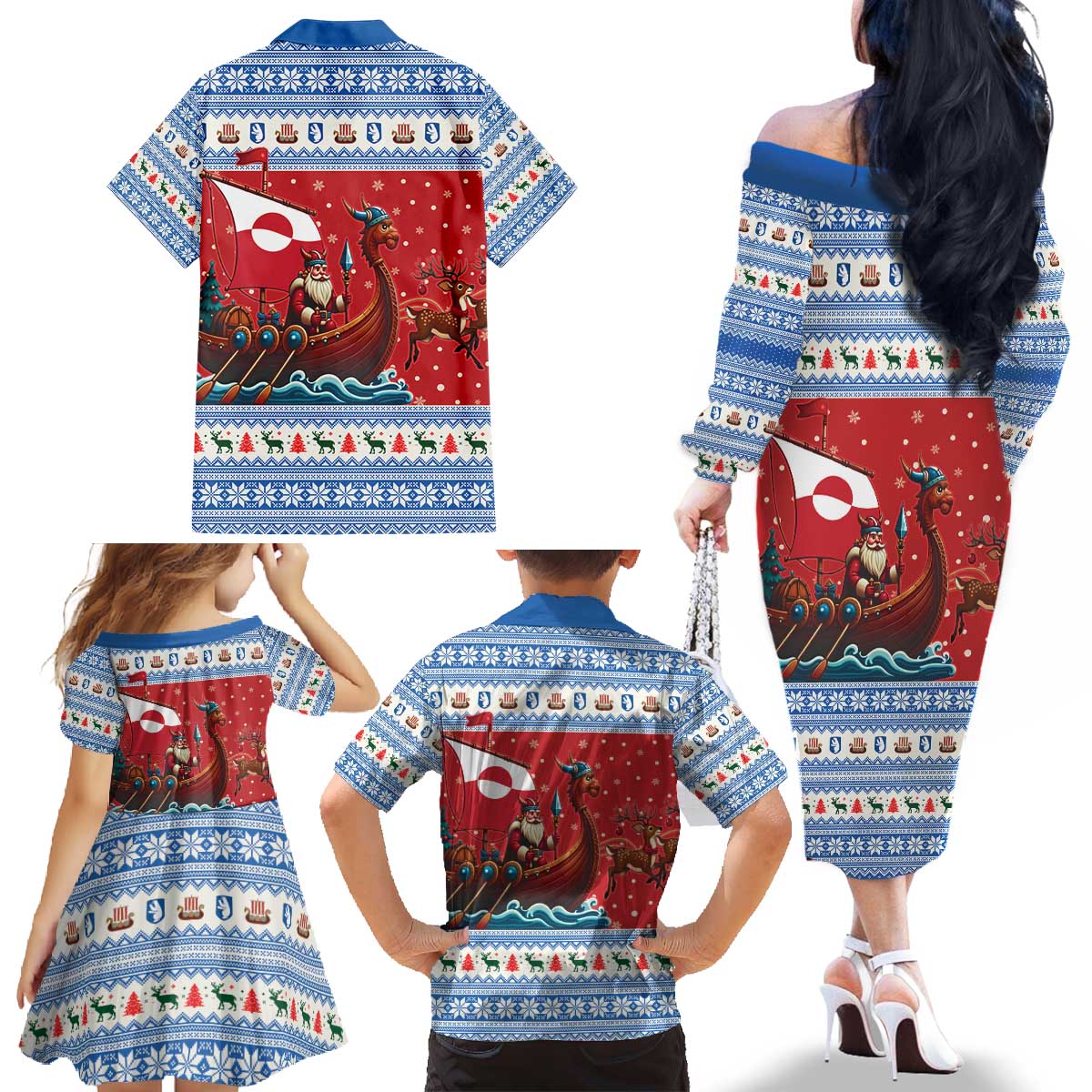 Greenland Viking Santa Christmas Family Matching Off The Shoulder Long Sleeve Dress and Hawaiian Shirt Funny Reindeer Norse Xmas - Wonder Print Shop