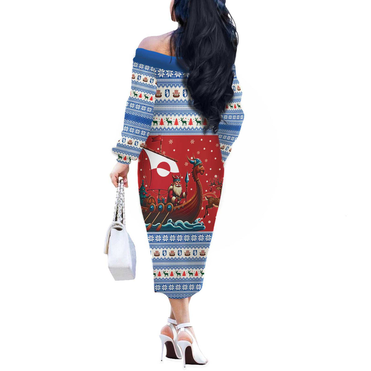 Greenland Viking Santa Christmas Off The Shoulder Long Sleeve Dress Funny Reindeer Norse Xmas - Wonder Print Shop
