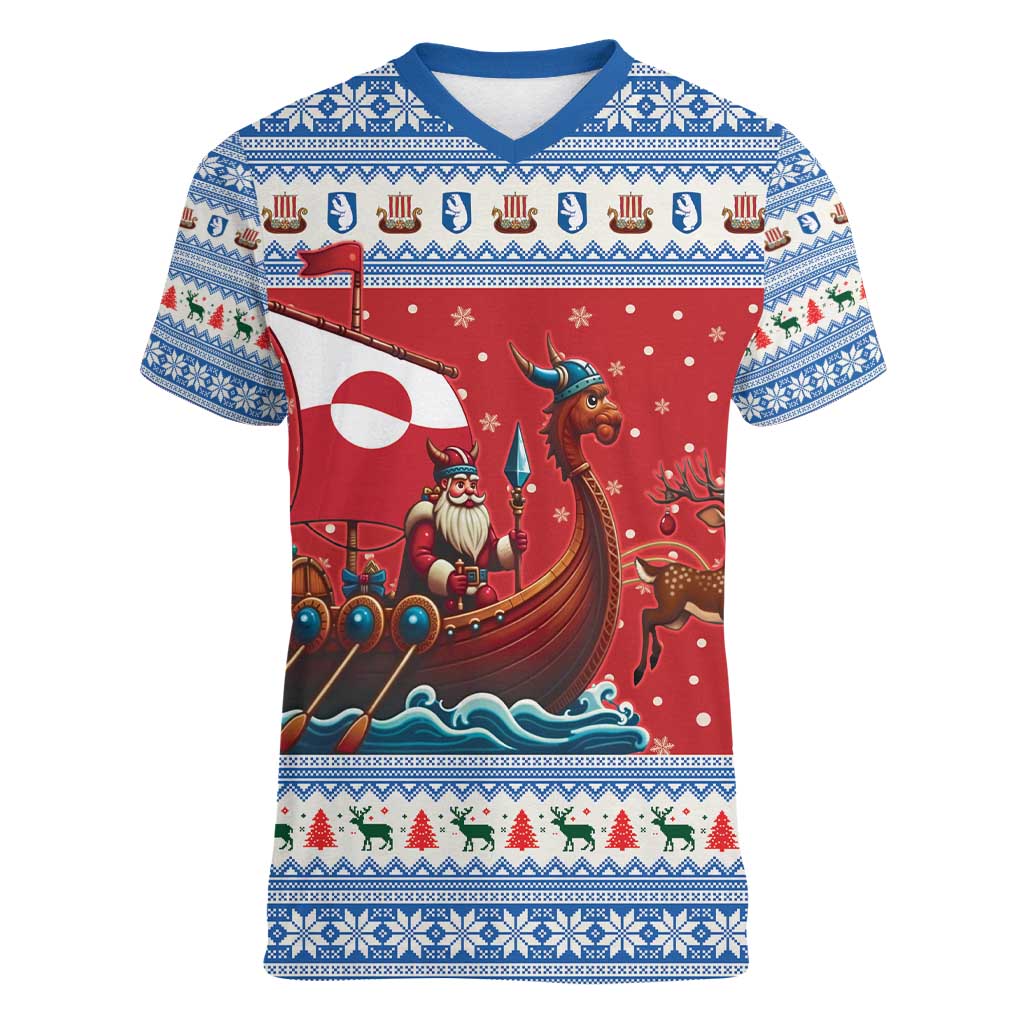 Greenland Viking Santa Christmas Women V-Neck T-Shirt Funny Reindeer Norse Xmas - Wonder Print Shop