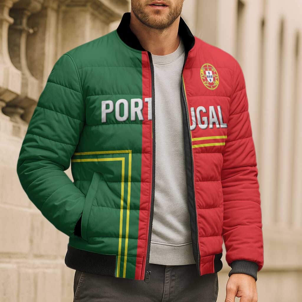 Custom Portugal Football Bomber Puffer Jacket Coat of Arms Line Art Style - Wonder Print Shop