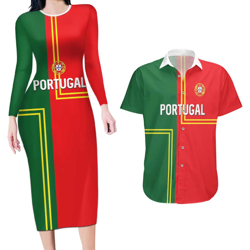Custom Portugal Football Couples Matching Long Sleeve Bodycon Dress and Hawaiian Shirt Coat of Arms Line Art Style - Wonder Print Shop
