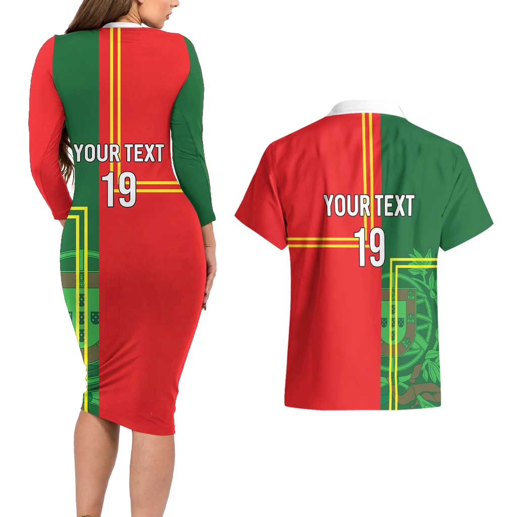 Custom Portugal Football Couples Matching Long Sleeve Bodycon Dress and Hawaiian Shirt Coat of Arms Line Art Style - Wonder Print Shop