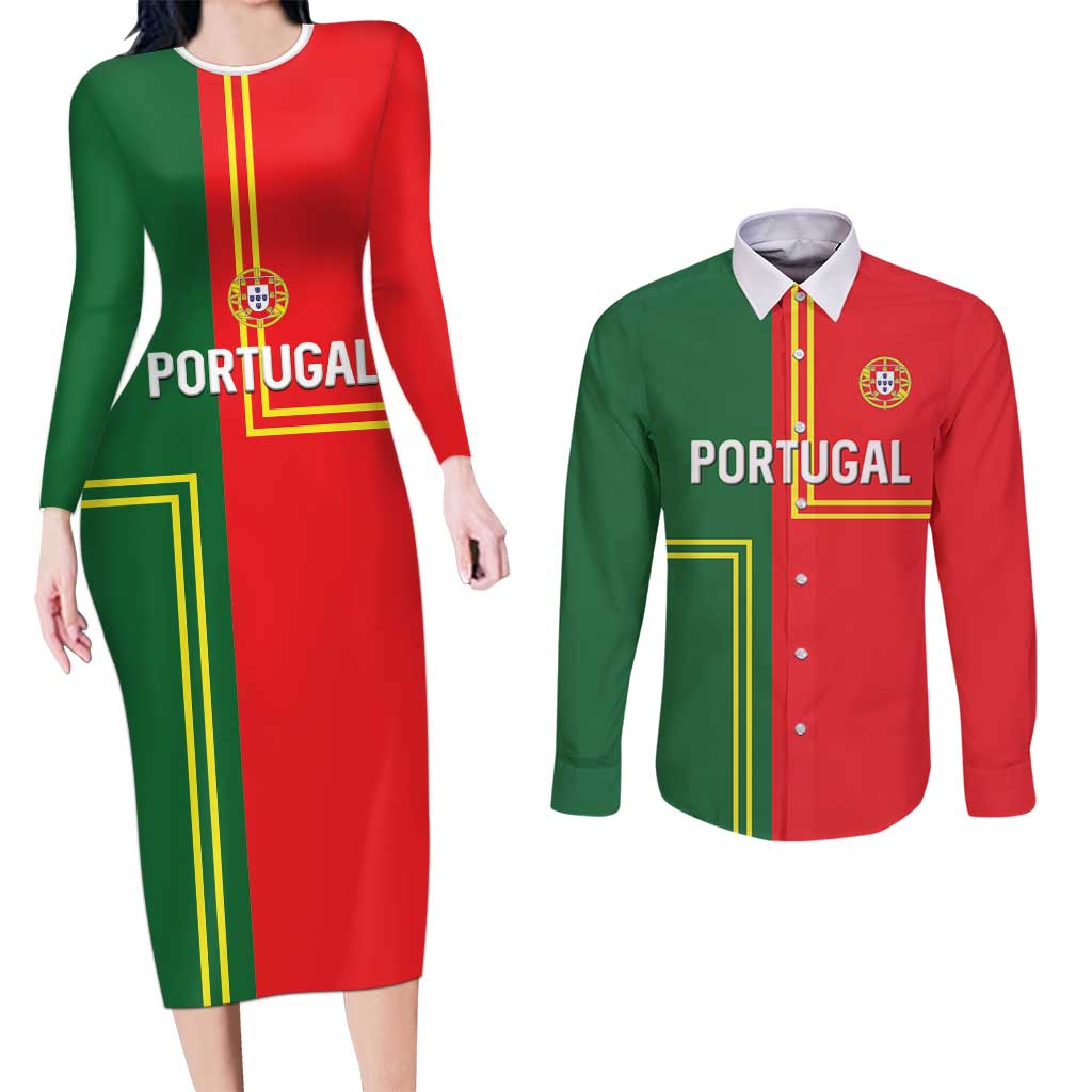 Custom Portugal Football Couples Matching Long Sleeve Bodycon Dress and Long Sleeve Button Shirt Coat of Arms Line Art Style - Wonder Print Shop