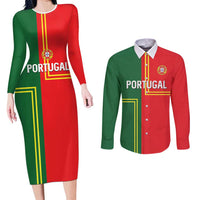 Custom Portugal Football Couples Matching Long Sleeve Bodycon Dress and Long Sleeve Button Shirt Coat of Arms Line Art Style - Wonder Print Shop