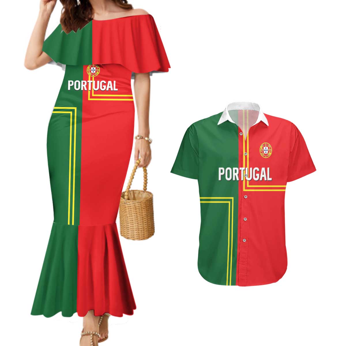 Custom Portugal Football Couples Matching Mermaid Dress and Hawaiian Shirt Coat of Arms Line Art Style - Wonder Print Shop