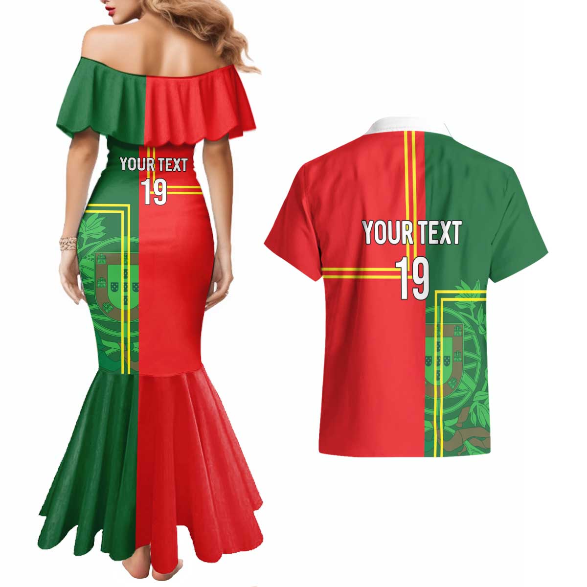Custom Portugal Football Couples Matching Mermaid Dress and Hawaiian Shirt Coat of Arms Line Art Style - Wonder Print Shop