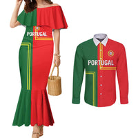 Custom Portugal Football Couples Matching Mermaid Dress and Long Sleeve Button Shirt Coat of Arms Line Art Style - Wonder Print Shop
