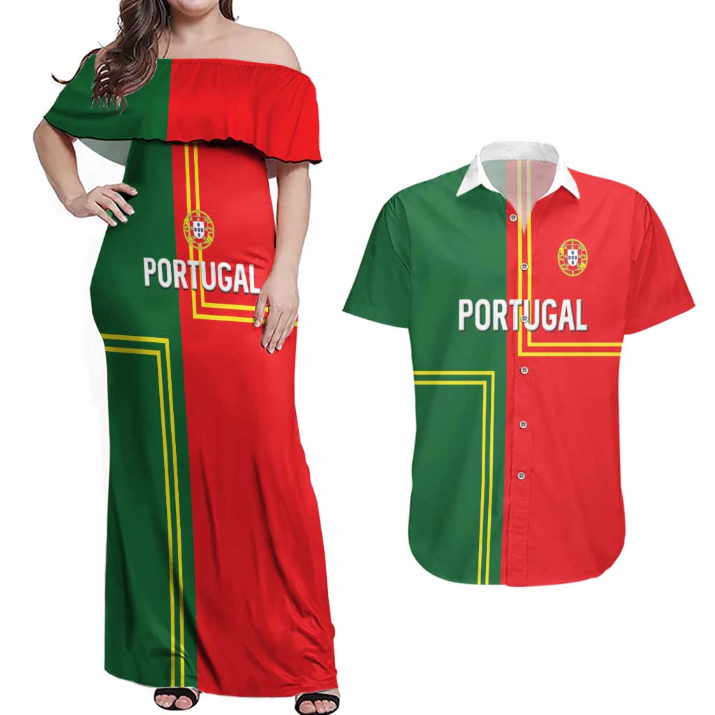 Custom Portugal Football Couples Matching Off Shoulder Maxi Dress and Hawaiian Shirt Coat of Arms Line Art Style - Wonder Print Shop