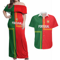 Custom Portugal Football Couples Matching Off Shoulder Maxi Dress and Hawaiian Shirt Coat of Arms Line Art Style - Wonder Print Shop
