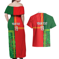Custom Portugal Football Couples Matching Off Shoulder Maxi Dress and Hawaiian Shirt Coat of Arms Line Art Style - Wonder Print Shop