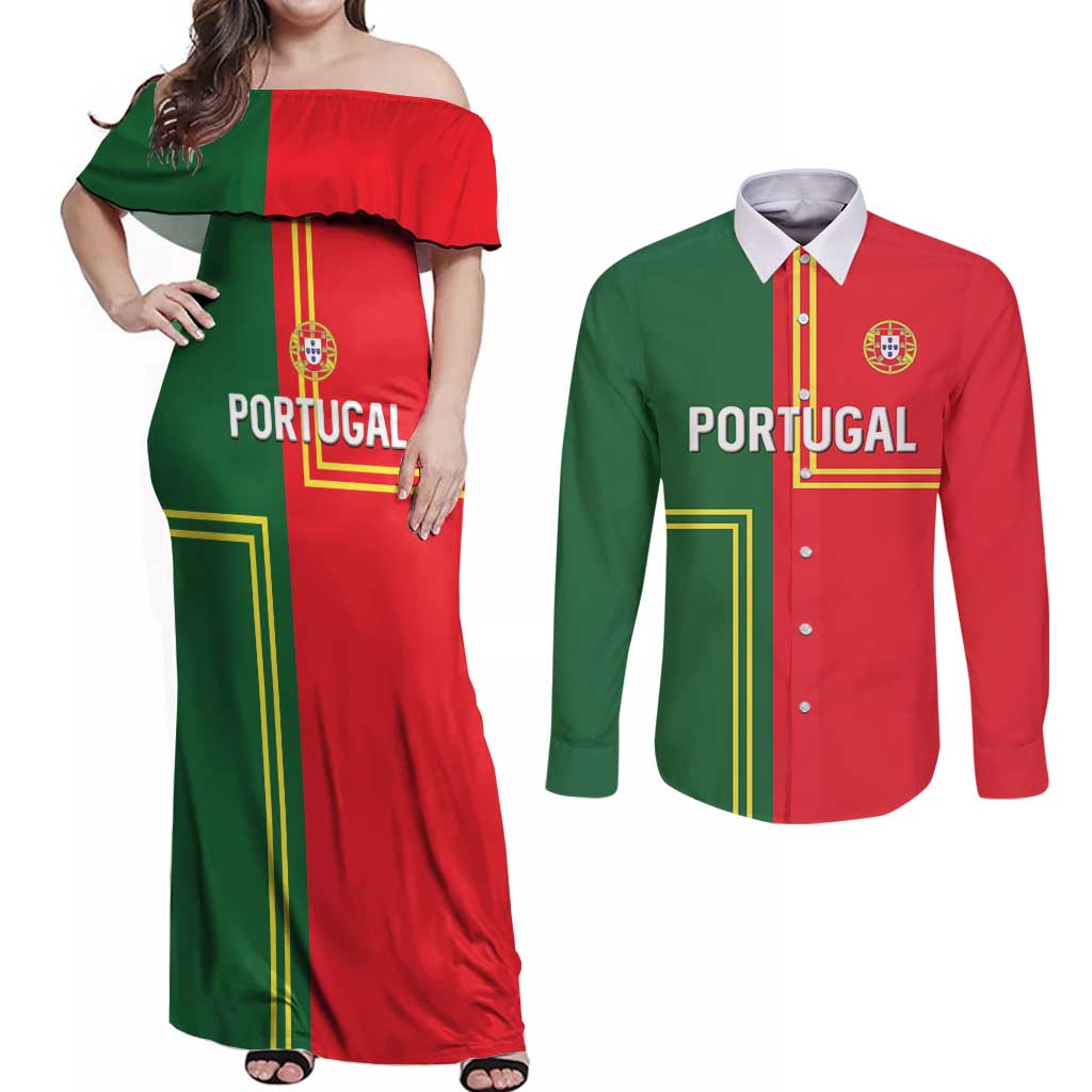 Custom Portugal Football Couples Matching Off Shoulder Maxi Dress and Long Sleeve Button Shirt Coat of Arms Line Art Style - Wonder Print Shop