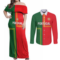 Custom Portugal Football Couples Matching Off Shoulder Maxi Dress and Long Sleeve Button Shirt Coat of Arms Line Art Style - Wonder Print Shop