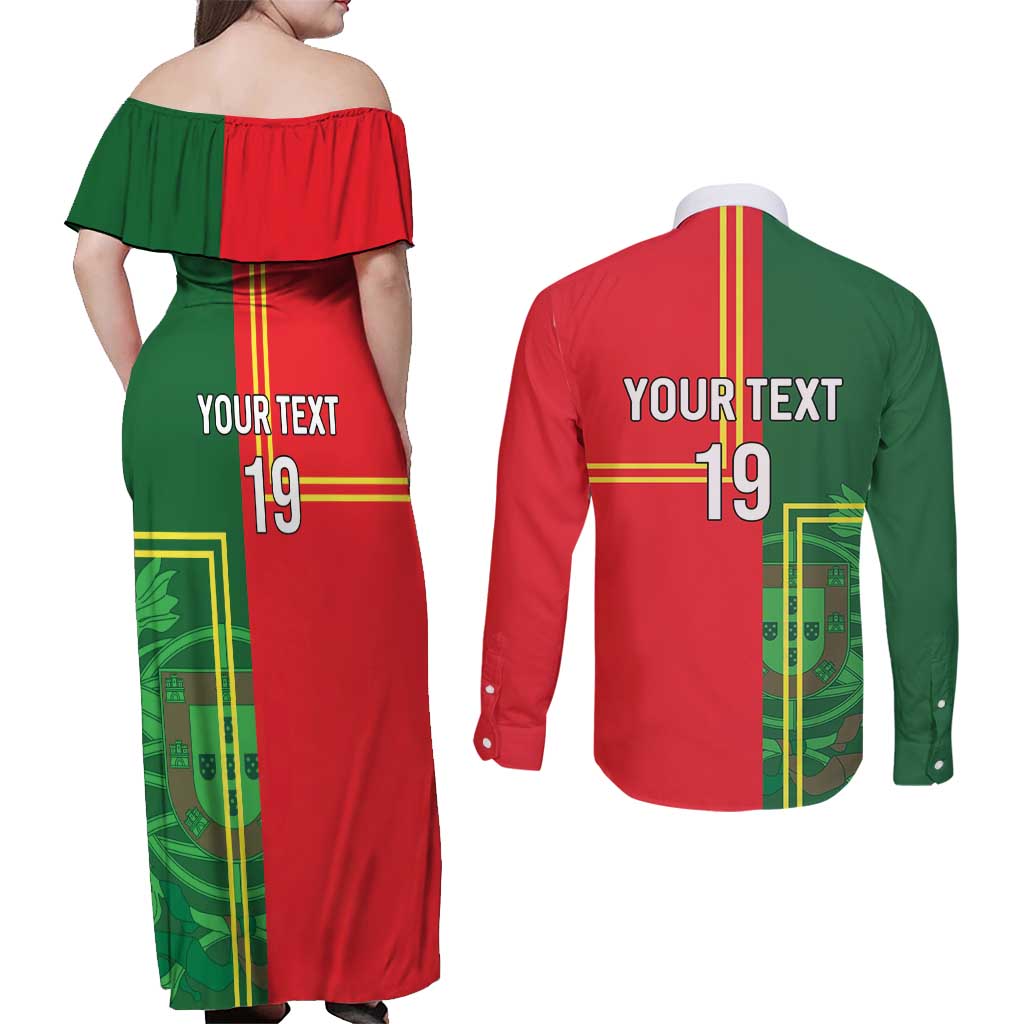 Custom Portugal Football Couples Matching Off Shoulder Maxi Dress and Long Sleeve Button Shirt Coat of Arms Line Art Style - Wonder Print Shop
