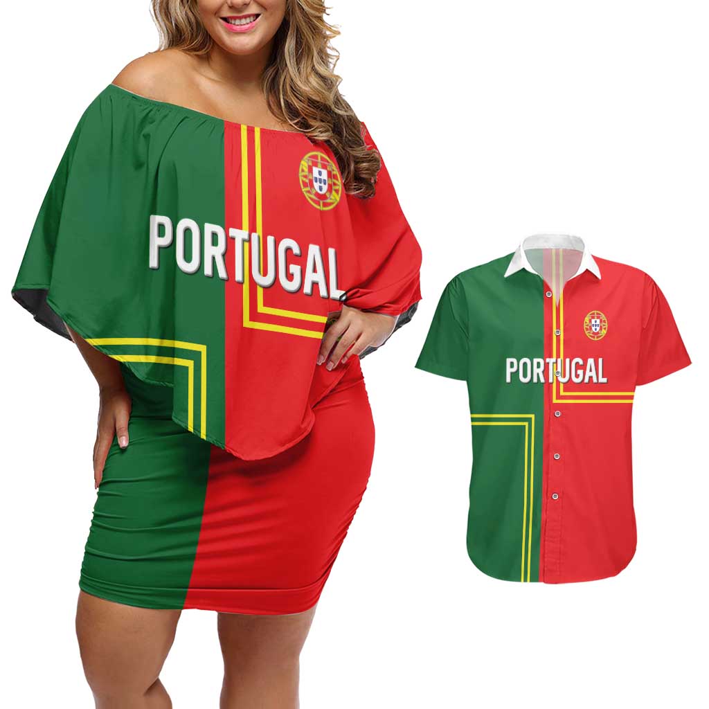 Custom Portugal Football Couples Matching Off Shoulder Short Dress and Hawaiian Shirt Coat of Arms Line Art Style - Wonder Print Shop