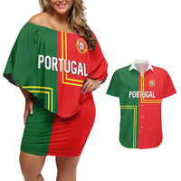 Custom Portugal Football Couples Matching Off Shoulder Short Dress and Hawaiian Shirt Coat of Arms Line Art Style - Wonder Print Shop